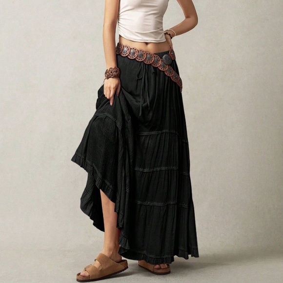 Plus Solid Stretchy Drawstring Waist Ruffle Hem Maxi Skirt - Picture 3 of 4